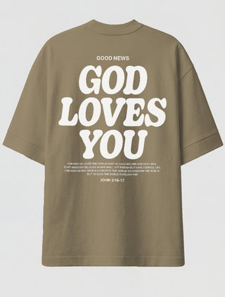 Camiseta Oversized Premium - God Loves You Caqui