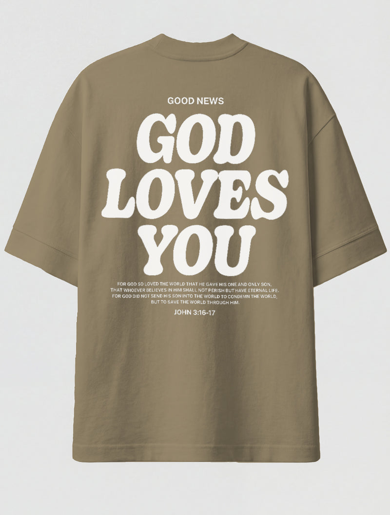 Camiseta Oversized Premium - God Loves You Caqui